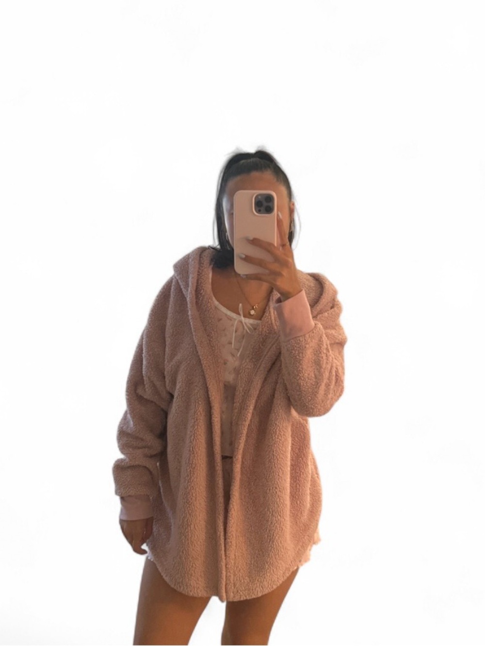 Pink Sherpa Fleece Cardigan Hoodie